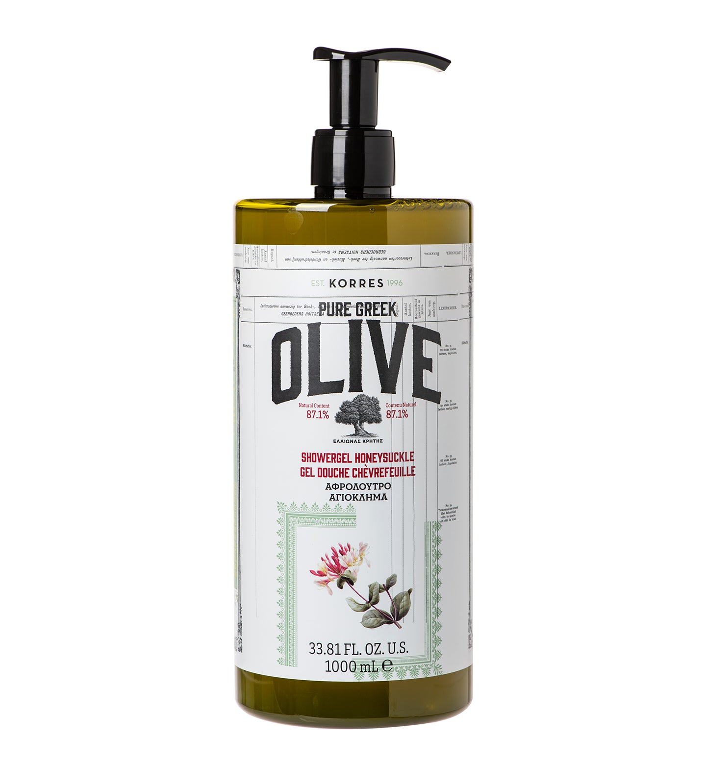 Pure Greek Olive Shower Gel Honeysuckle 1 Liter Pure Greek Olive Korres
